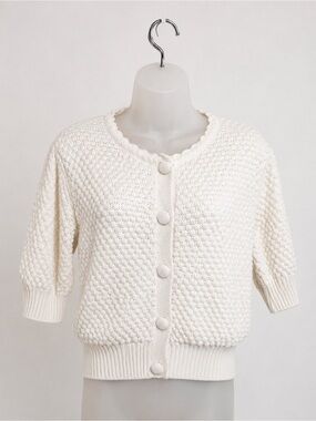 Sweater Project Cream Textured Cotton Cardigan Scalloped Trim Button Front (L)